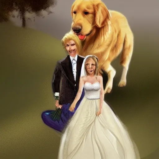 Image similar to woman in a wedding dress riding a giant golden retriever, trending on art station