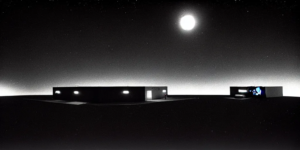 Image similar to low angle shot of a space port at night, set design by Ed Wood, in the style of Jim Jarmusch, shot on film, grainy, hyperrealistic