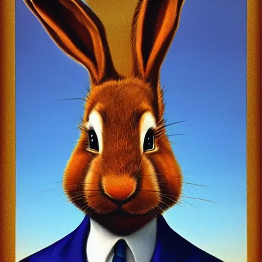 Image similar to a detective rabbit by Raphael, Hopper, and Rene Magritte. detailed, romantic, enchanting, trending on artstation.