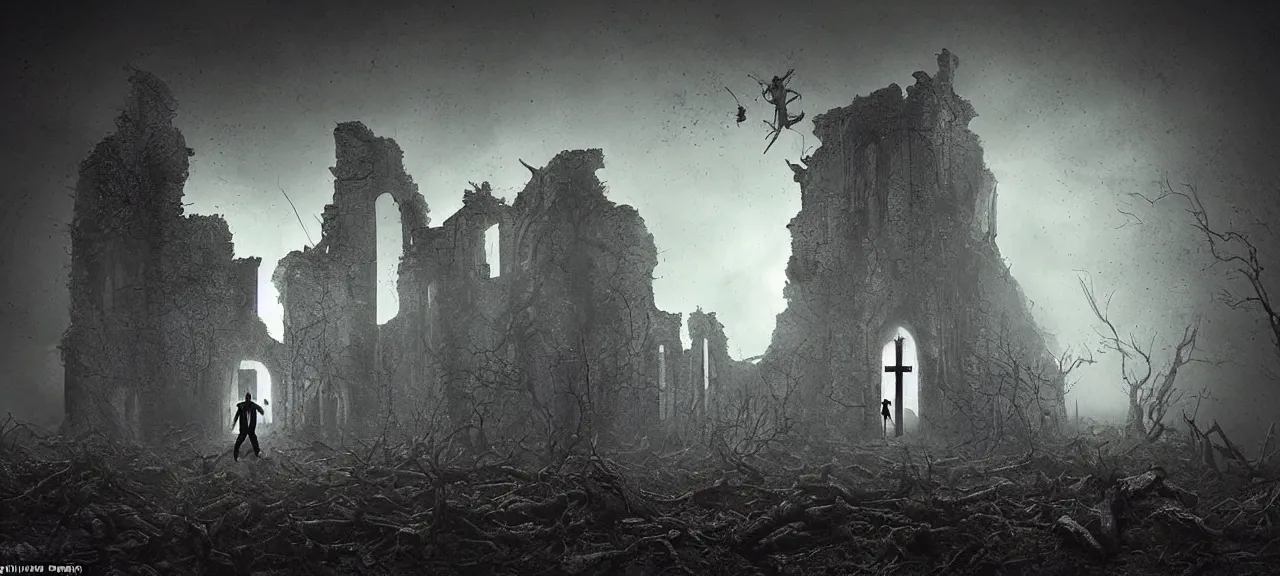 Prompt: The terrified Priest with tormented eyes is aiming the crucifix at alien intruder in a darkened room of a ruined castle, a dark, menacing atmosphere, horror,the essence of evil, in the style of Lee Madgwick