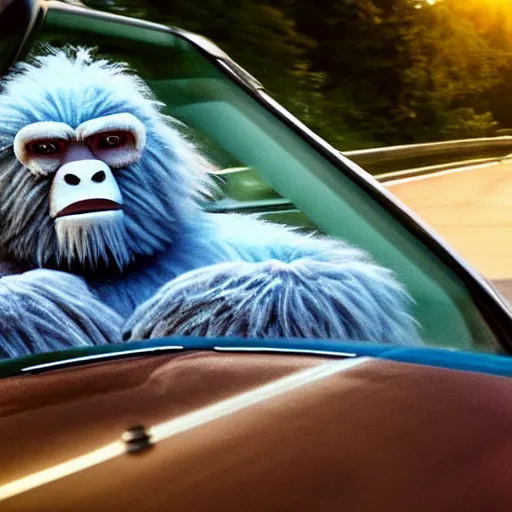 Prompt: big budget cinematic film still of a yeti driving a sports car