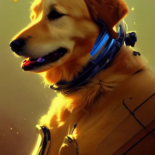 Prompt: a golden retriever in a space suit, highly detailed, digital painting, artstation, concept art, sharp focus, illustration, art by greg rutkowski and alphonse mucha
