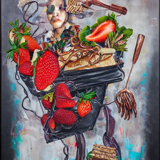 Prompt: a portrait in a dumpster, a woman holding pancakes, honey dripping, berries dripping, strawberries, scientific instruments, ikebana, octopus, neo - expressionism, surrealism, acrylic and spray paint and oilstick on canvas