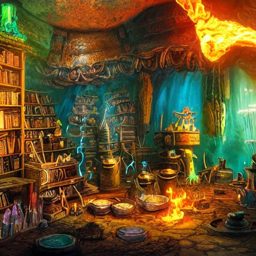 Image similar to these monsters are consumed by fire, yet they remain unharmed. they are surrounded by the tools of the alchemist's trade - beakers and test tubes full of colorful liquids, crystals, and books of ancient knowledge. the scene is suffused with an eerie glow, as if something magical is happening here. dramatic lighting epic glows eerily beautiful photograph