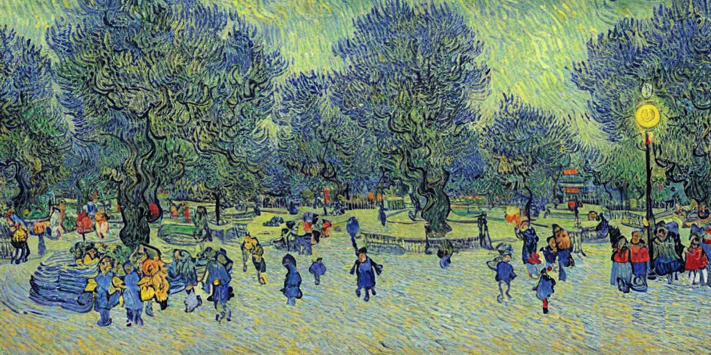 Image similar to highly detailed beautiful happy park, with childrens, by Van Gogh