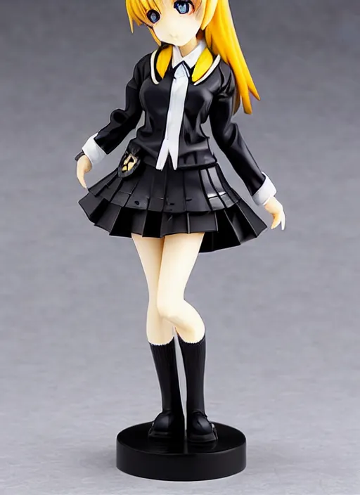 Prompt: 80mm, resin anime figure detailed of a school girl with black skirt, white blouse and gothic boots