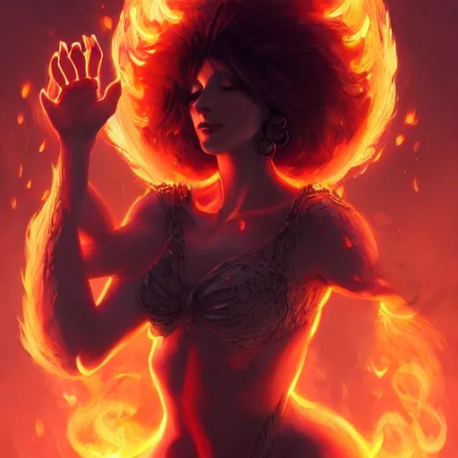Prompt: a cute fire elemental, with fingers and hair turning into flames, fantasy, intricate, elegant, highly detailed, digital painting, artstation, concept art, wallpaper, smooth, sharp focus, illustration, art by artgerm and greg rutkowski