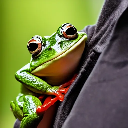 Image similar to a funny picture of a happy frog peeking out of a jacket pocket, 4K