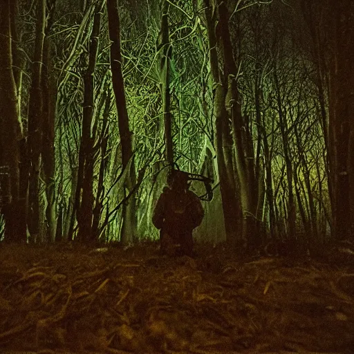 Prompt: trail cam footage of robert wyatt in a dark forest at night