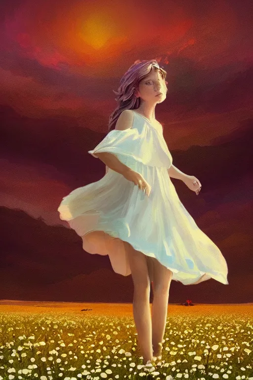 Image similar to giant white daisy flower on shoulder, girl dancing in a flower field, surreal photography, sunrise, dramatic light, impressionist painting, colorful clouds, digital painting, artstation, simon stalenhag