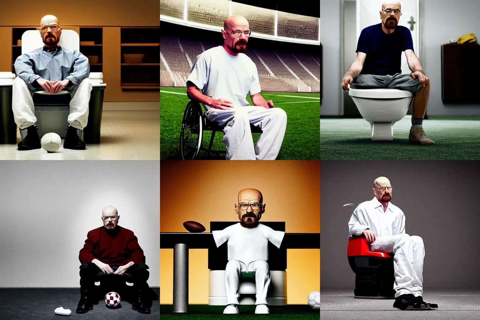 Prompt: walter white sitting on a toilet in a middle of a football field, fine professional photo
