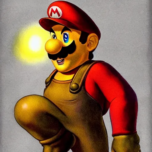 Prompt: An ultra realistic portrait of Mario drawn in colors by Frank Frazetta, Realistic, Dark Fantasy, Epic Lighting