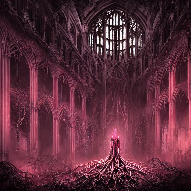 Prompt: ribbed abandoned gothic cathedral on exoplanet, covered with tentacles, roots, wires, tubes, pink neon lights, baroque painting, standing in a desolate empty wasteland, creepy, nightmare, dream-like heavy atmosphere, surreal abandoned buildings, beautiful detailed intricate insanely detailed octane render trending on Artstation, 8K artistic photography, photorealistic, volumetric cinematic light, chiaroscuro, Raphael, Caravaggio, Beksinski, Giger