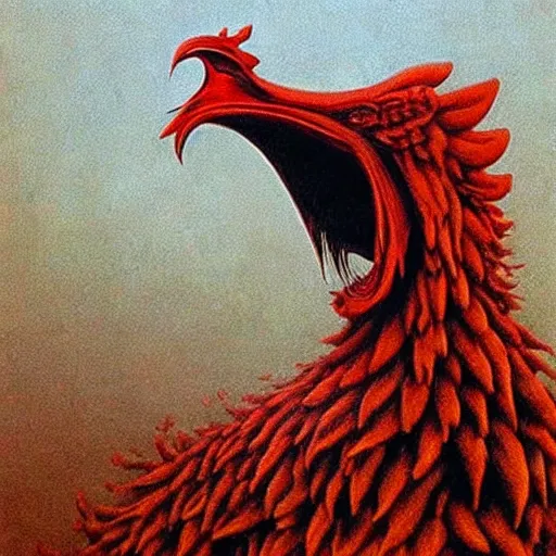 Prompt: big black rooster as a giant chicken monster, creepy!!!, sharp teeth, gory, zdzisław beksinski, keith thompson, terrifying!!!