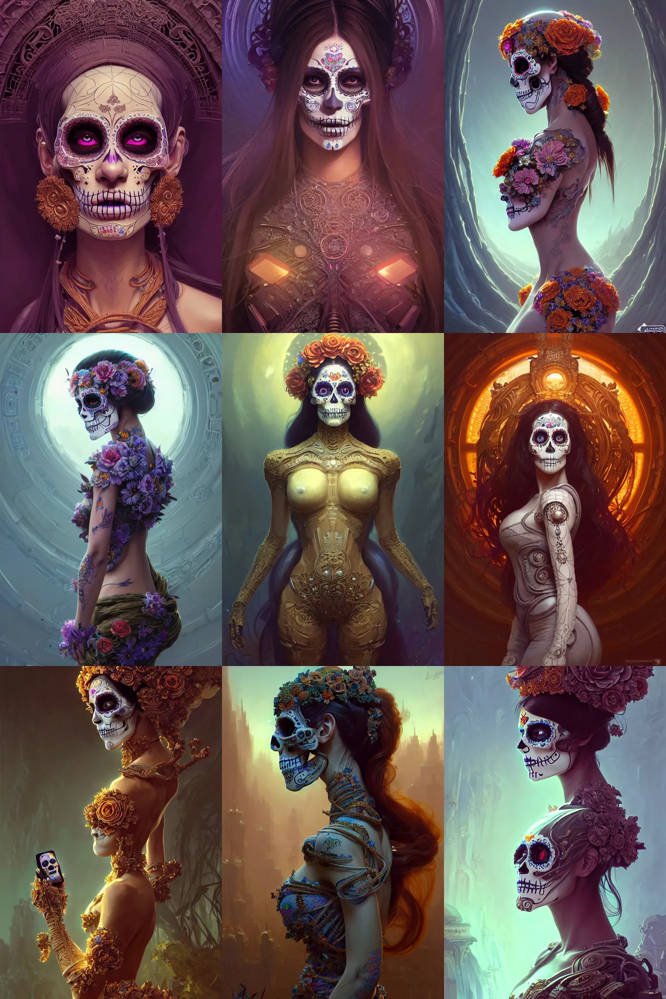 Prompt: beautiful female android, intricate elegant, intricate detailed environment, professional digital painting, ( dia de los muertos ), concept art, extreme illustration, unreal engine 5, photorealism, hd quality, 8 k resolution, cinema 4 d, 3 d, beautiful, cinematic, art by artgerm, greg rutkowski, alphonse mucha, loish, wlop