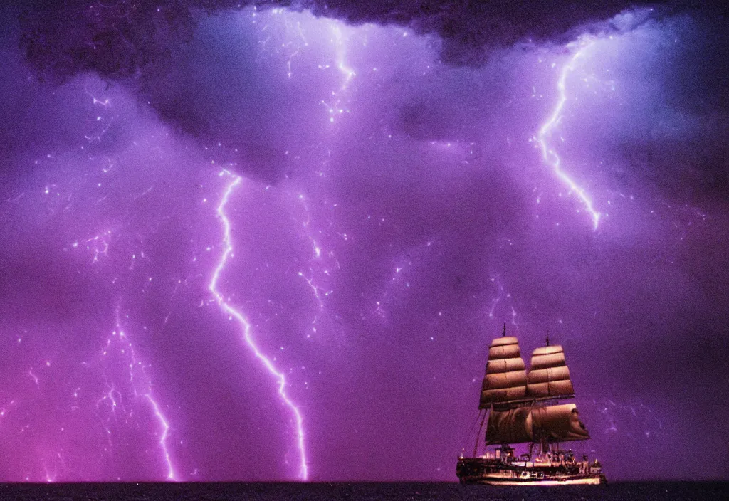 Prompt: purple color lighting storm with stormy sea,pirate ship firing its cannons with a water spout in the background. trippy nebula sky 50mm shot, fear and loathing movie