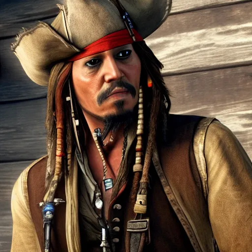 Prompt: Film still of Jack Sparrow, from Red Dead Redemption 2 (2018 video game)