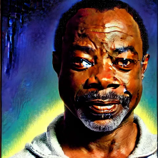 Prompt: cinematic portrait of Levar Burton, reading rainbow, only head and chest, white hair and white beard, intricate, desaturated, Tim Hildebrandt, Wayne Barlowe, Bruce Pennington, donato giancola, larry elmore, maxfield parrish, Moebius, Thomas Ehretsmann, oil on canvas, gouache painting, masterpiece, trending on artstation, cinematic composition, dramatic pose, volumetric lighting, sharp, details, hyper-detailed, HD, 4K, 8K