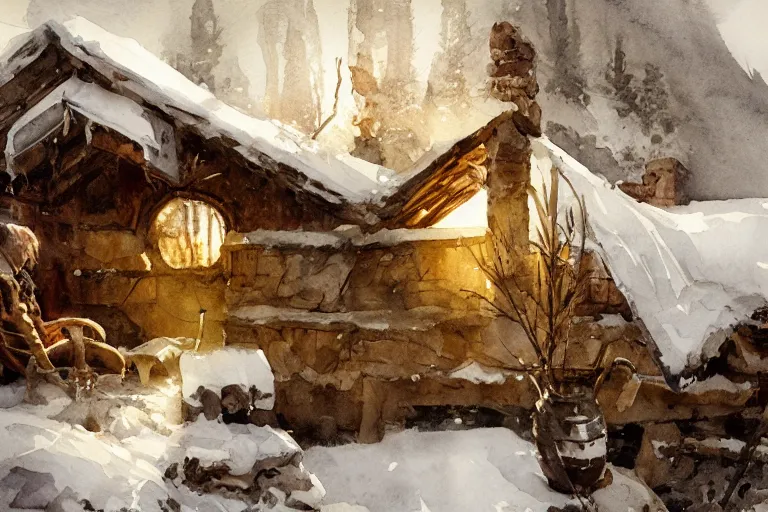 Prompt: abstract watercolor painting of hedonic scandinavian king house interior, in stone, straw roof, war lord, magical and traditional, winter, cinematic light, national romanticism by anders zorn, by greg rutkowski, by greg manchess