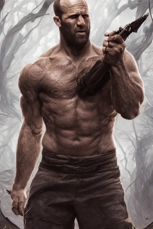 Image similar to portrait of jason statham as a hulking herculean demon, forest, godlike, full body, fantasy, intricate, elegant, highly detailed, digital painting, artstation, concept art, sharp focus, illustration, art by artgerm and greg rutkowski and alphonse mucha