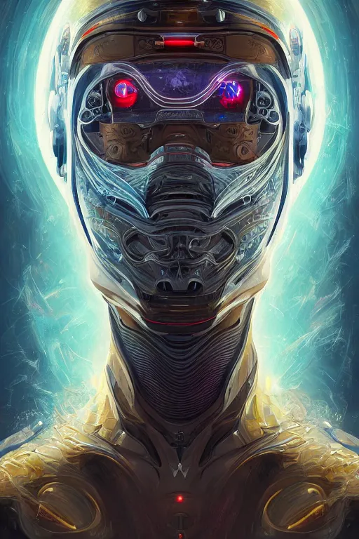 Image similar to portrait of a space cyborg, 3d, third person, lasers, cosmic background, fantasy, intricate, elegant, highly detailed, lifelike, photorealistic, digital painting, artstation, illustration, concept art, sharp focus, art in the style of art nouveau