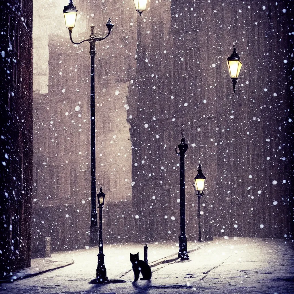 Prompt: neil gaiman art, cats, they have long shadows at night near 3 medium sized street lights, snowing, old brick street, warm feeling gothic, award winning art, 8 k,