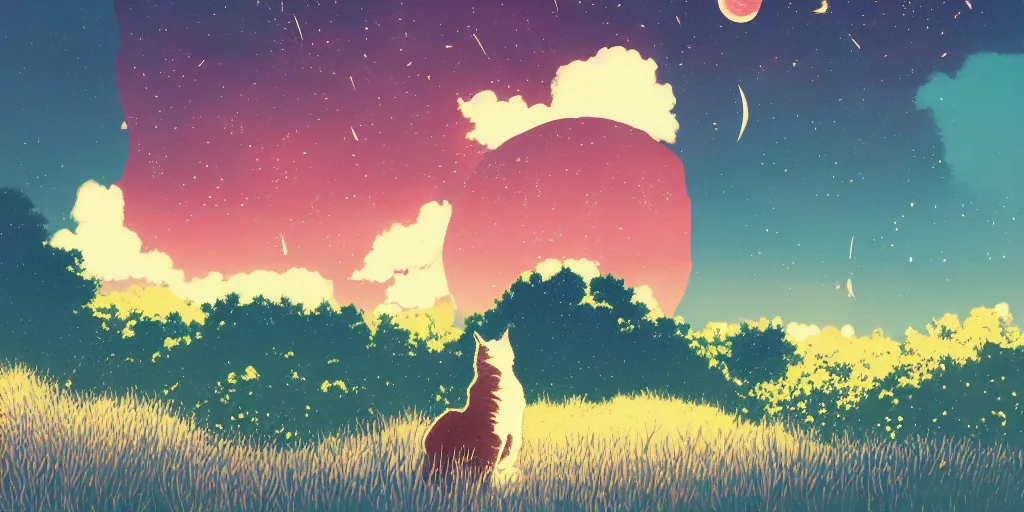 Prompt: a cat in a field by inio asano, beeple and james jean, aya takano color style, 4 k, super detailed, night sky, digital art, digital painting, celestial, majestic, colorful