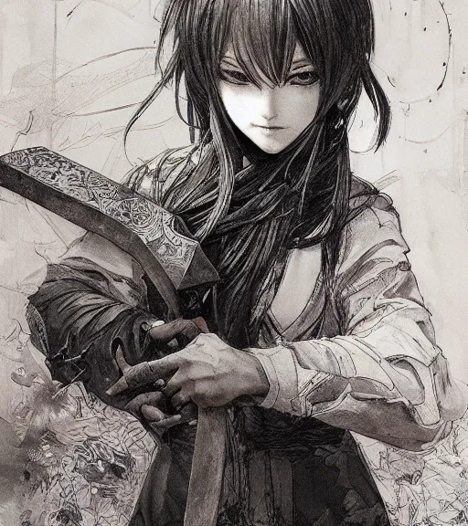 Prompt: portrait of anime girl holding a cleaver, pen and ink, intricate line drawings, by craig mullins, ruan jia, kentaro miura, greg rutkowski, loundraw