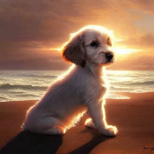 Image similar to a cute puppy on a windy day at the sea, eyes closed, wind through its fur, highly detailed, hyperrealistic, intricate, sunset in the background, rays of golden sunlight, oil painting by greg rutkowski and artgerm and wlop