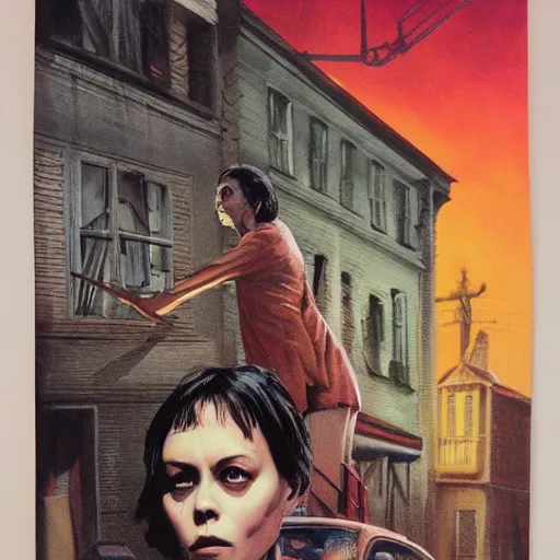 Image similar to detailed details photorealistic pictures of horror movie poster about night on mathilda street in the style of bob peak and alex ross, gouache and wash paints color, detailed facial and body and human environments and background and foreground and small details and big details proportionate, detailed 5 k details, detailed string text.