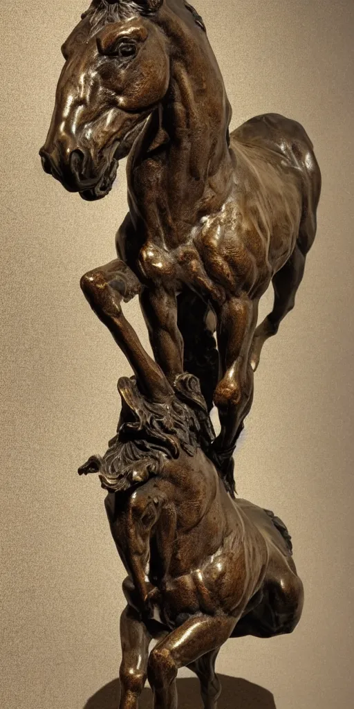 Prompt: detailed photo of an old bronze patina statue of a horse, various pose, photorealism, intricate detail, museum diffuse lighting
