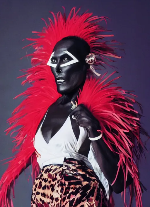 Image similar to grace jones styled by nick knight posing set pieces, intricate set, vogue magazine, canon, highly realistic. high resolution. highly detailed. dramatic. 8 k. 4 k.