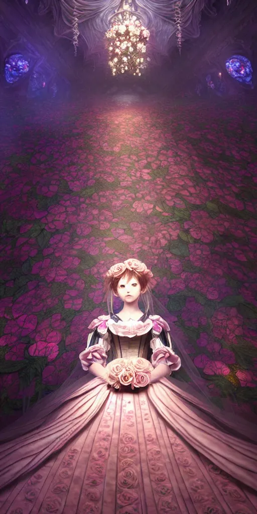 Image similar to the beautiful hyperdetailed physical rendering of a single rose flower wedding gothic lolita dress clothing design display in show in front of your eyes, perfectly shaded, atmospheric lighting, in the style of makoto shinkai, raphael lacoste louis comfort tiffany, artgerm, karol bak, ross tran, 8 k hd, fine texture structure, 3 drender,