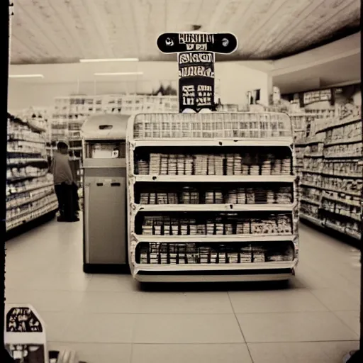 Image similar to Vintage Photograph of a futuristic time machine inside of a grocery store, shallow depth of field, awkward, out of place, polaroid 600 Color