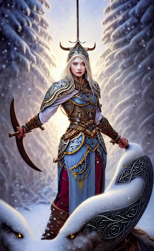 Image similar to opal viking warrior, regal, elegant, winter, snow, beautiful, stunning, hd, illustration, epic, d & d, fantasy, intricate, elegant, highly detailed, wide angle, digital painting, artstation, concept art, smooth, sharp focus, illustration, wallpaper, art by artgerm and greg rutkowski and alphonse mucha and jin xiaodi