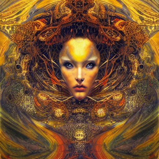 Image similar to Divine Chaos Engine by Karol Bak, Jean Deville, Gustav Klimt, and Vincent Van Gogh, celestial, visionary, sacred fractal structures, ornate gilded medieval icon, spirals