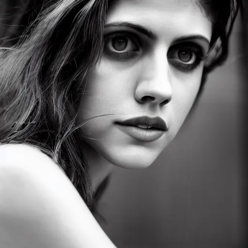 Image similar to closeup portrait of alexandra daddario in a smoky new york back street, photograph, natural light, sharp, detailed face, magazine, press, photo, Steve McCurry, David Lazar, Canon, Nikon, focus