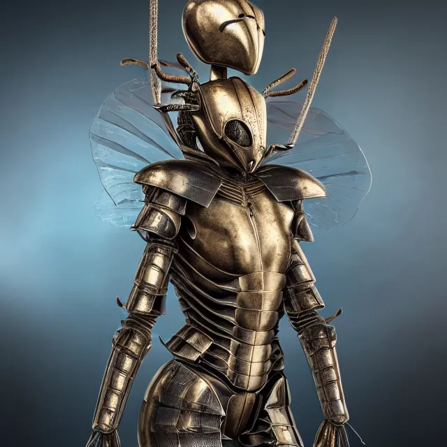 Image similar to full body photo of a beautiful cute strong warrior queen wearing insectoid armour, highly detailed, 8 k, hdr, smooth, sharp focus, high resolution, award - winning photo