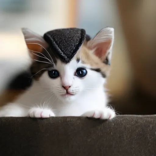 Prompt: a photograph of a kitten wearing a small hat