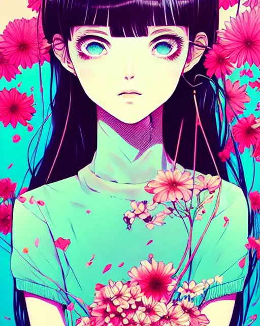 Image similar to beautiful girl next to floral bomb, detailed manga illustration!! intricate details, perfect face, perfect body, aesthetically pleasing pastel colors, poster background, aesthetic details, art by conrad roset and ilya kuvshinov