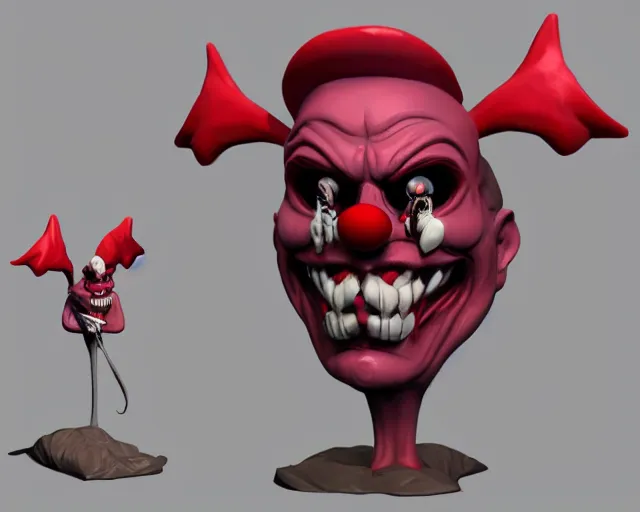 Image similar to 3d sculpt of an evil clown face with huge bat wings, skull, artstation, digital illustration