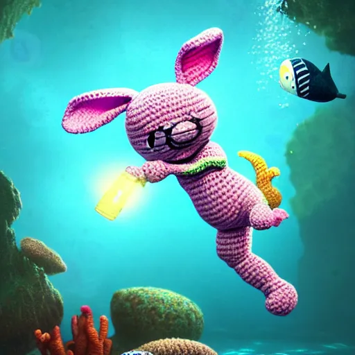 Prompt: a baby crochet bunny diving underwater. cute, illustration, digital art, inspired by little big planet, by greg rutkowski, sharp, masterpiece, highly detailed, photorealistic, octane render, 8 k, unreal engine 5, trending on artstation, vivid colors