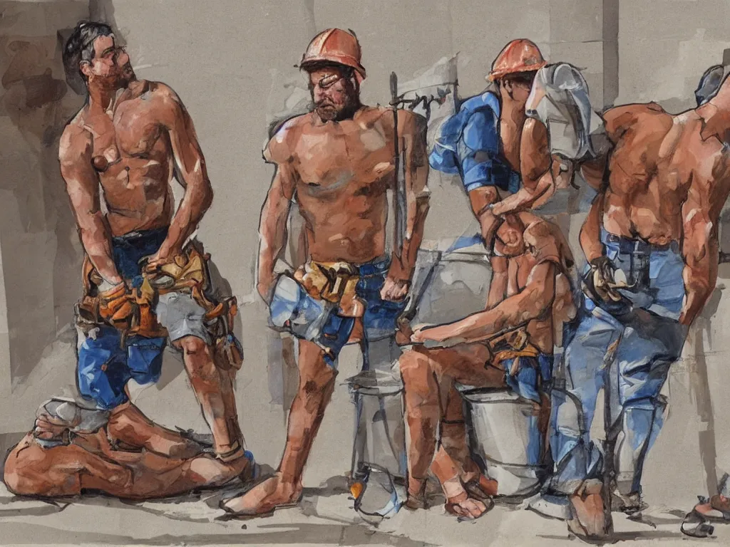 Prompt: shirtless construction workers take a break at noon, art by Thomas Asnhutz and Paul Cadmus