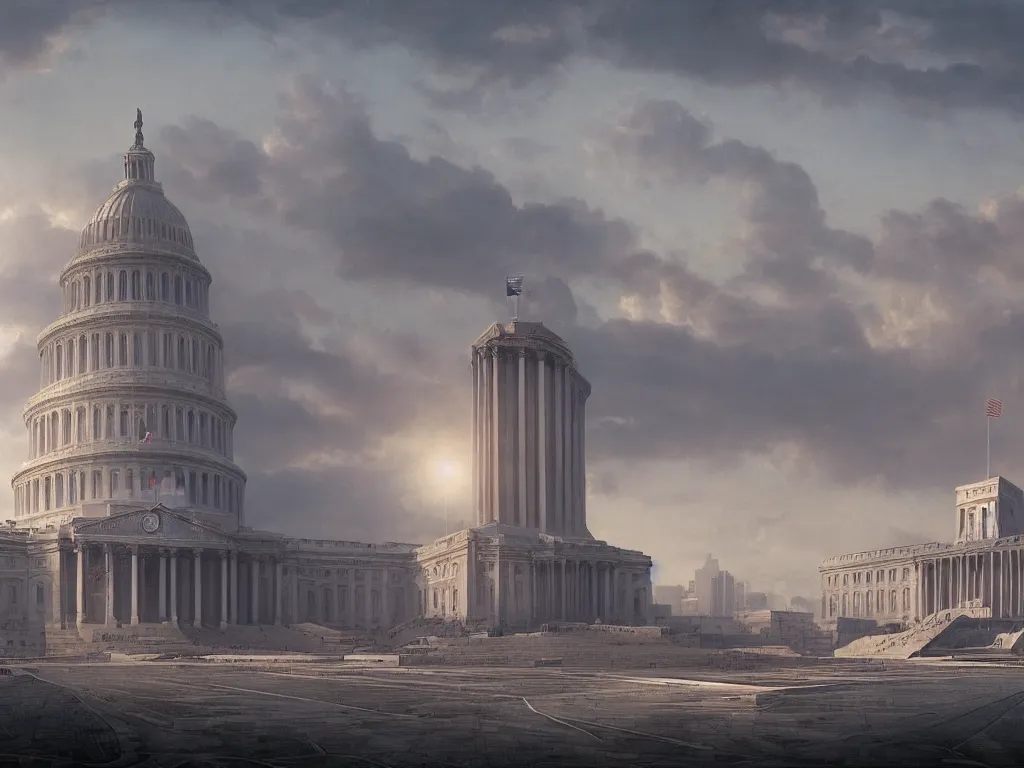 Image similar to matte painting by fan wennan. future capitol of the american communist party shining in the sun after the triumph of socialism in america, hyperdetailed, cinematic, photorealistic, hyperrealism, masterpiece, future communist governmental architecture, statue, imposing, strength, abundance. america 2 0 9 8