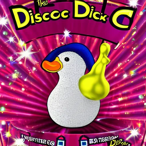 Image similar to the disco duck returns concert poster featuring the disco duck in his sparkling disco clothes.