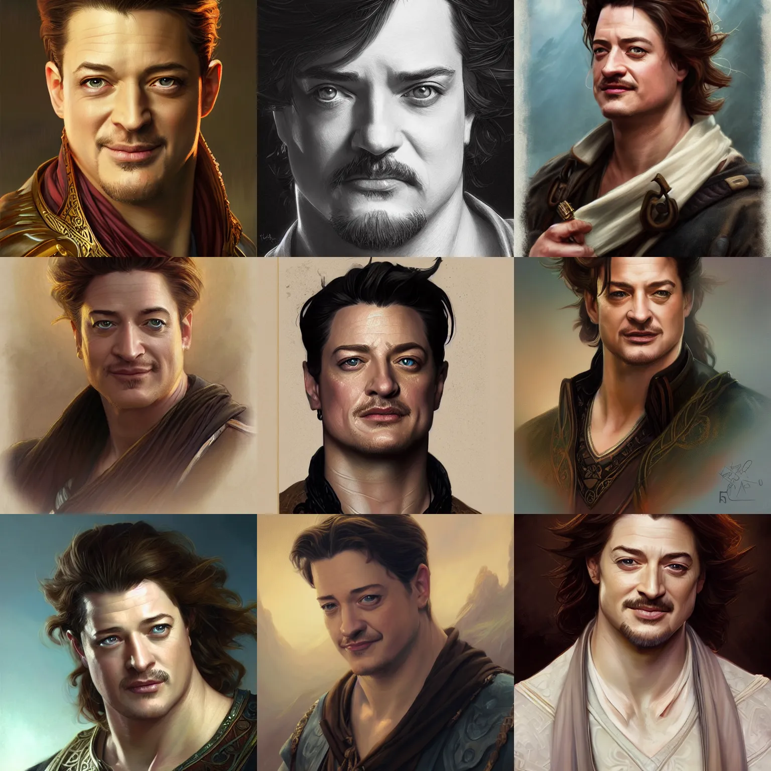 Prompt: smirking male bard, brendan fraser, goatee, portrait, D&D, fantasy, highly detailed, digital painting, artstation, concept art, sharp focus, illustration, art by artgerm and greg rutkowski and alphonse mucha