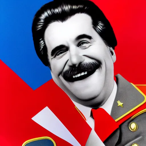 Image similar to hyper realist photograph of staline smiling and biting his lip seductively with the ussr flag behind him, close up, face picture, 4 k, very detailed