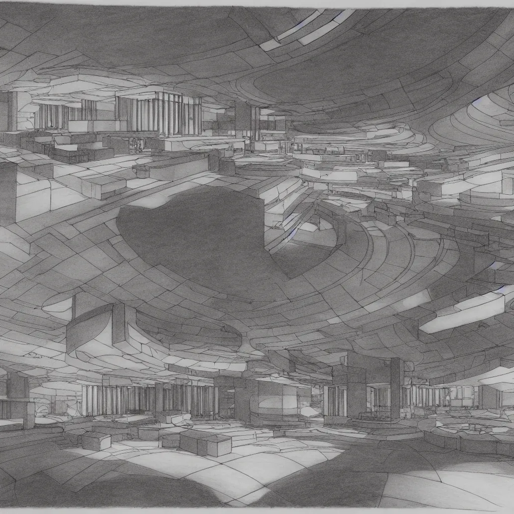 Prompt: panoramic highly detailed taliesin, global illumination, radiant light, detailed and intricate environment, sketch drawing by frank lloyd wright