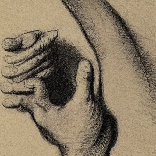 Prompt: perfectly accurate neat precise sketch of a human hand, umbra, pastel, by Rembrandt,