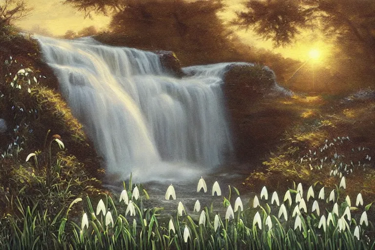 Image similar to a black and white cat sleeping next to a waterfall, surrounded by common snowdrops, golden hour, painting Mark Keathley